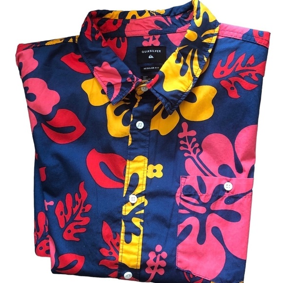 Quiksilver Mens Colorful Button Down Hawaiian SS Shirt Sz XL Red Navy Orange - Picture 2 of 7